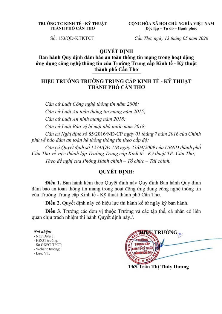 [TIN TỨC] BAN HÀNH QUY ĐỊNH ĐẢM BẢO AN TOÀN THÔNG TIN MẠNG TRONG HOẠT ĐỘNG ỨNG DỤNG CNTT TẠI TRƯỜNG TRUNG CẤP KINH TẾ - KỸ THUẬT TP. CẦN THƠ