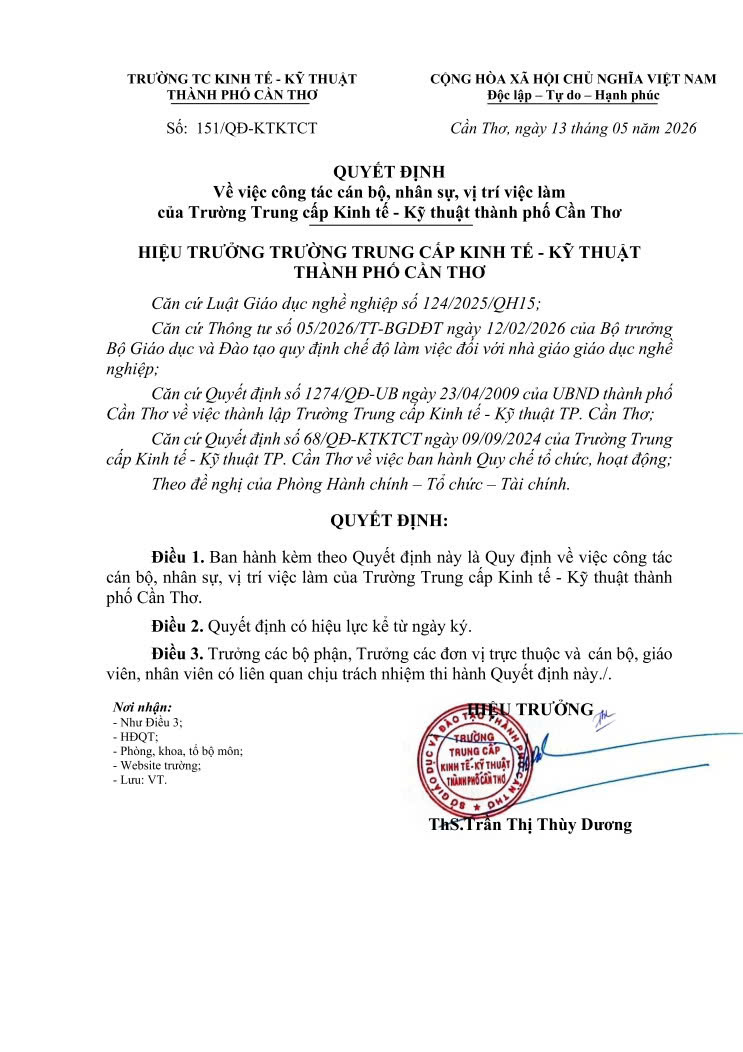 [TIN TỨC CÁN BỘ] BAN HÀNH QUY ĐỊNH VỀ CÔNG TÁC CÁN BỘ, NHÂN SỰ VÀ VỊ TRÍ VIỆC LÀM TẠI TRƯỜNG TRUNG CẤP KINH TẾ - KỸ THUẬT TP. CẦN THƠ